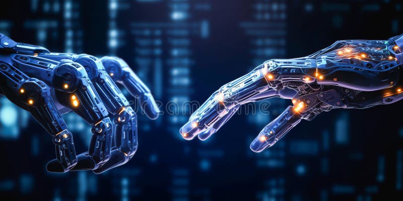 Hands Of Robot Touching On Big Data Network Connection Artificial Hands Of Robot Touching On Big Data Network Connection Artificial