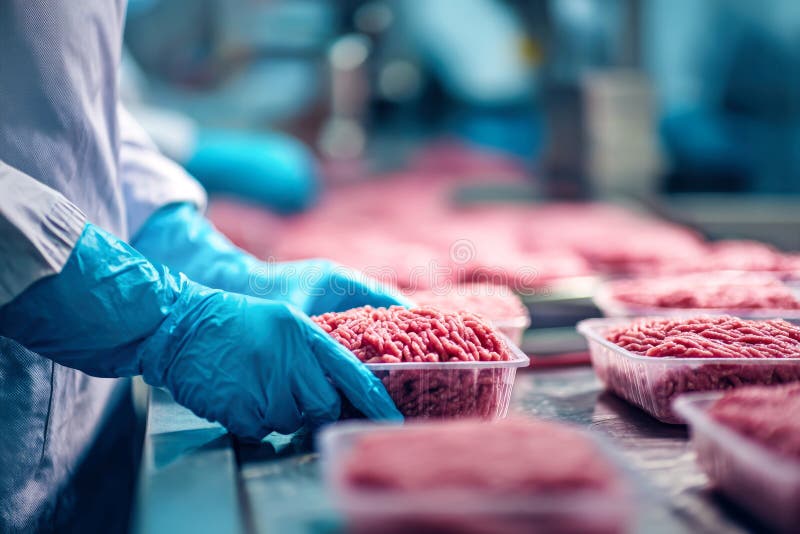 Hands in rubber gloves pack ground meat into plastic containers at a food processing facility. The setting shows the assembly line. And meat being prepared. Rubber production line illustrations