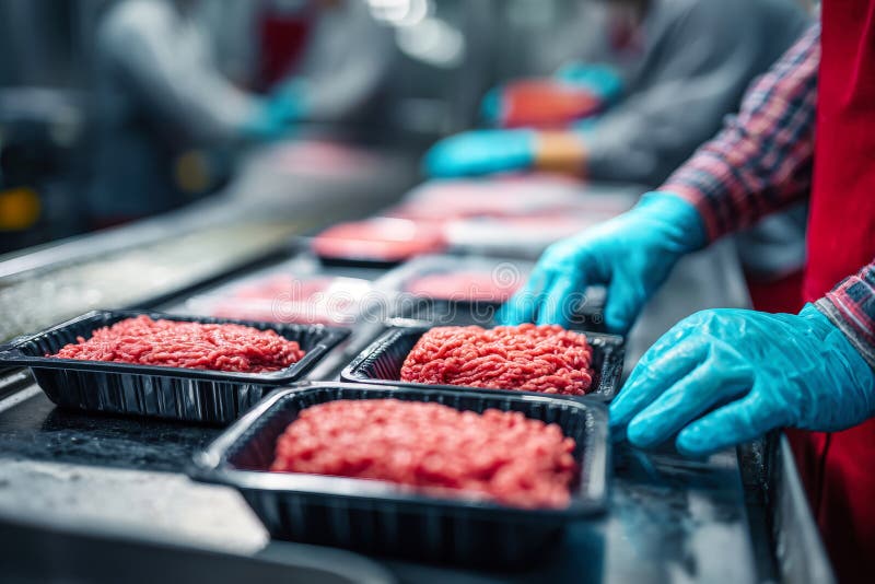 Hands in rubber gloves prepare ground meat for packaging in a food processing plant. Workers handle plastic boxes on a production line. Rubber production line illustrations