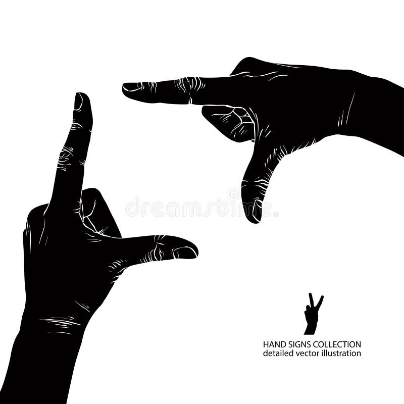 Hands shaped in viewfinder, detailed black and white vector illustration. stock illustration