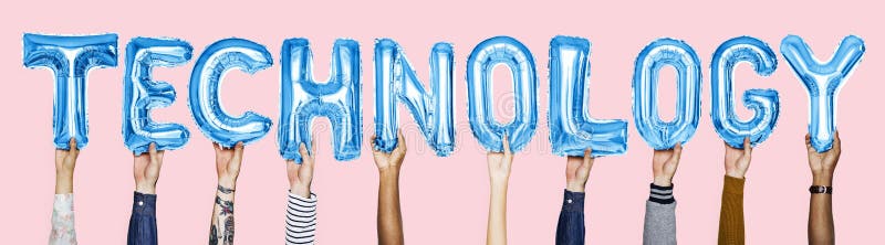 Hands showing technology balloons word stock photography