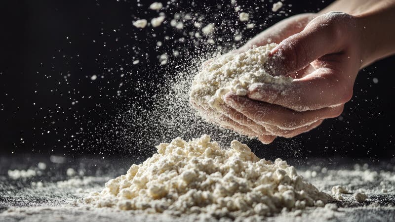 Hands sifting flour with dramatic lighting and motion stock image