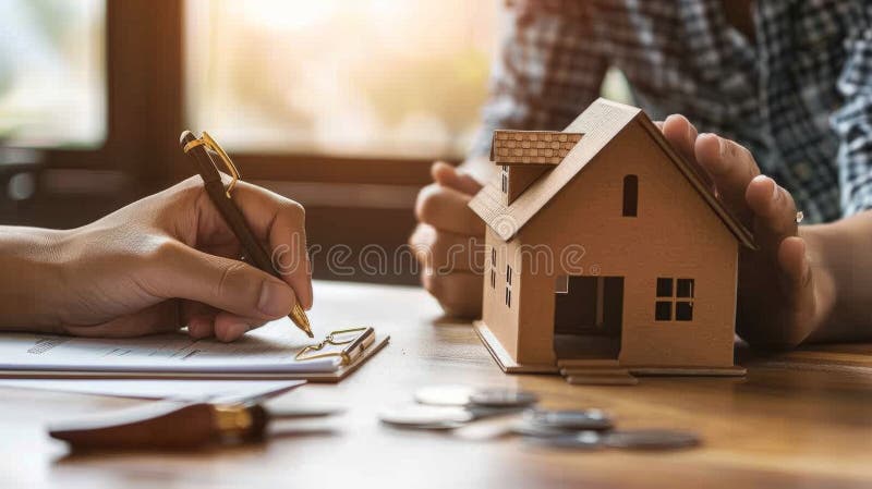 Hands signing a home purchase agreement with a house model, symbolizing real estate transactions, investment, and