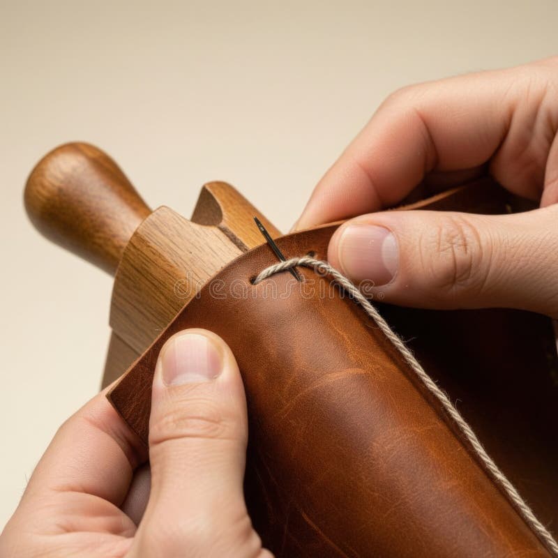 Hands stitching leather with waxed thread and needle in a craftsman’s workshop, close-up view royalty free illustration