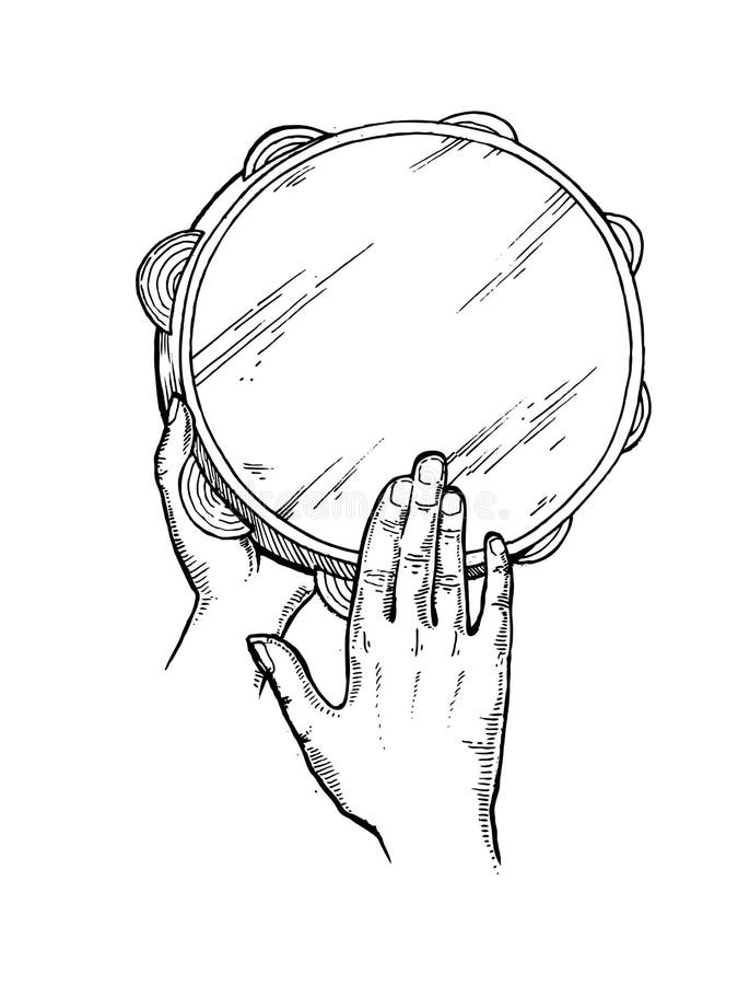 Hands with tambourine engraving vector illustration. Scratch board style imitation. Hand drawn image. Hands with tambourine engraving vector illustration. Scratch board style imitation. Hand drawn image.