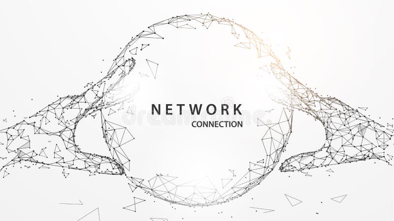 Hands touching digital global form lines, triangles and particle style design. Illustration vector royalty free illustration