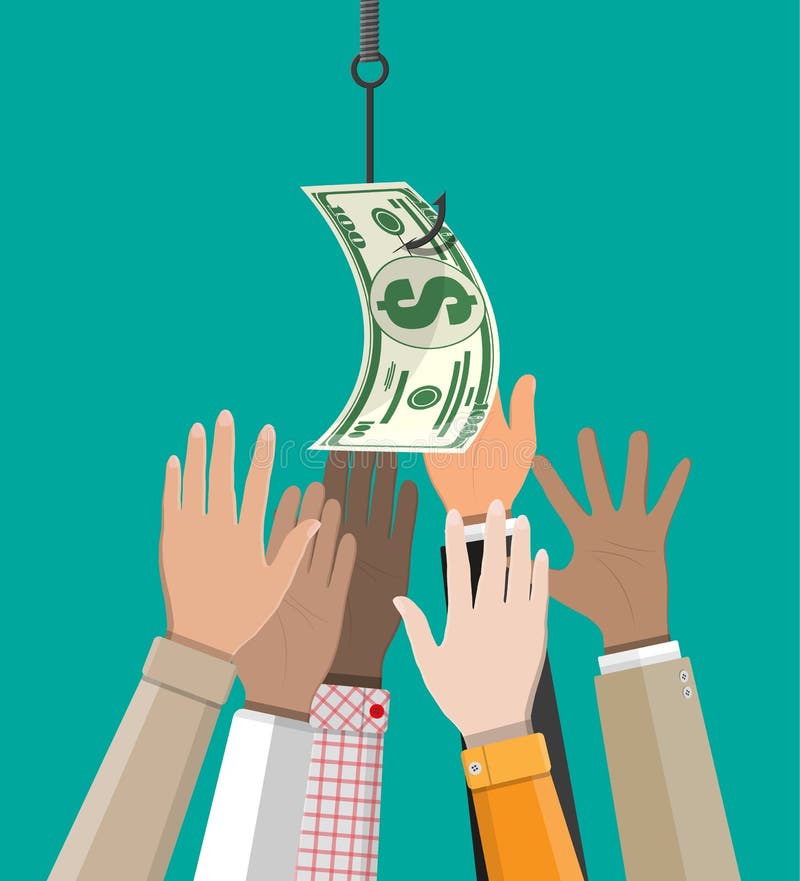 Hands trying to get dollar on fishing hook. royalty free illustration Hands trying to get dollar on fishing hook. royalty free illustration