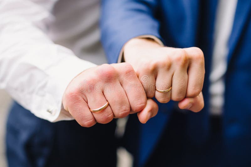 Hands of Two Men with Wedding Gold Rings Stock Photo Image of engagement, friends 85802834