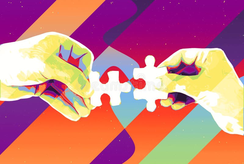 Hands with two puzzle pieces abstract background , modern illustration for teamwork, partnership , relationship , connection and c