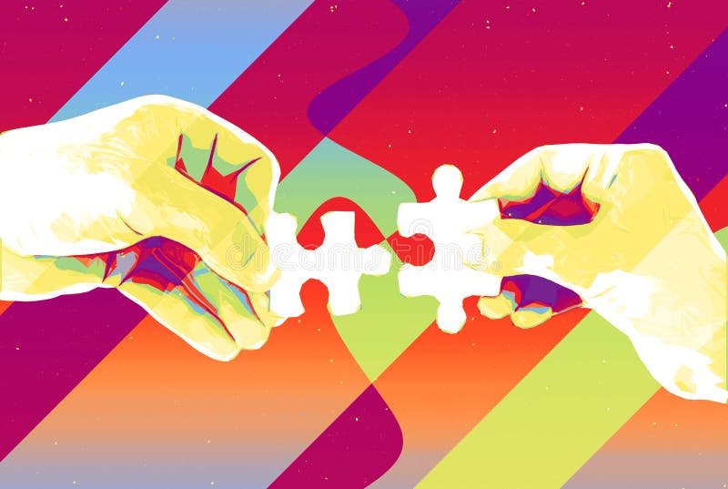 Hands with two puzzle pieces abstract background , modern illustration for teamwork, partnership , relationship , connection and c