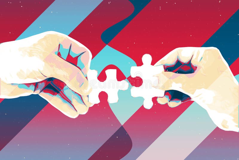 Hands with two puzzle pieces abstract background , modern illustration for teamwork, partnership , relationship , connection and c