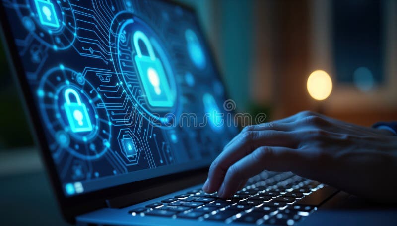 Hands type on laptop keyboard. Hologram security icons display on laptop screen. Digital protection concept. Person working late vector illustration