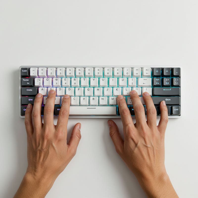 Hands typing on a compact mechanical keyboard with a white base and multicolored backlit keys. stock illustration