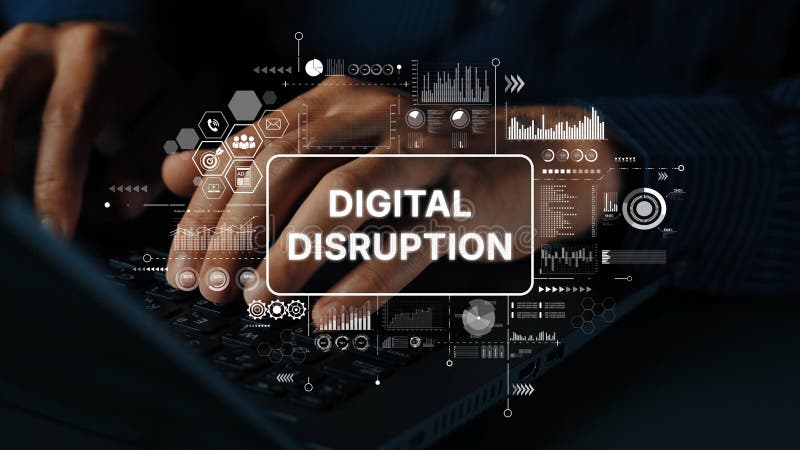 Hands Typing on Keyboard with Digital Disruption Concept and Data Visualization Elements in a Modern Workspace royalty free stock images