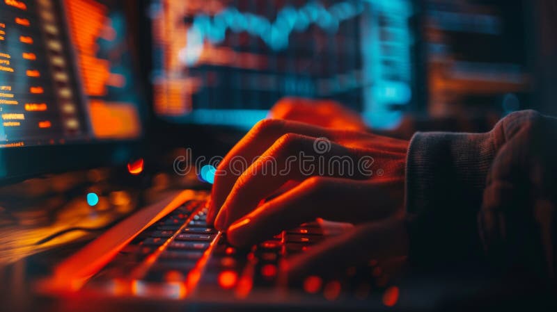 Hands typing on keyboard in dimly lit workspace stock images