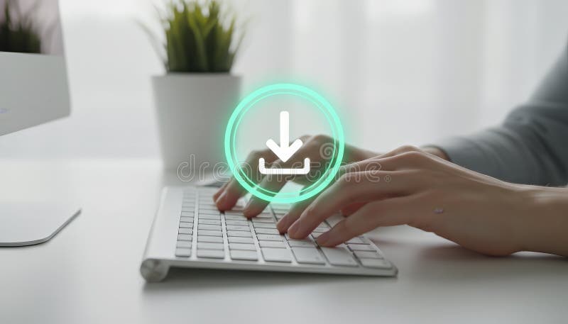 Hands typing on keyboard with download data icon stock illustration