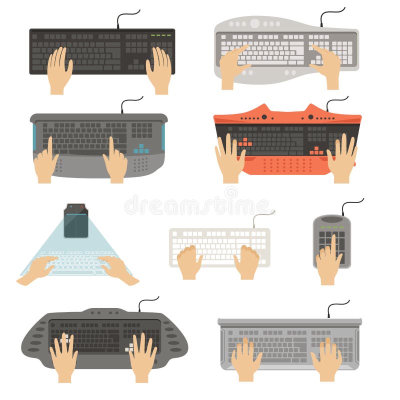 Hands typing on keyboard set, different types of computer console top view vector Illustrations on a white background royalty free illustration Hands typing on keyboard set, different types of computer console top view vector Illustrations on a white background royalty free illustration