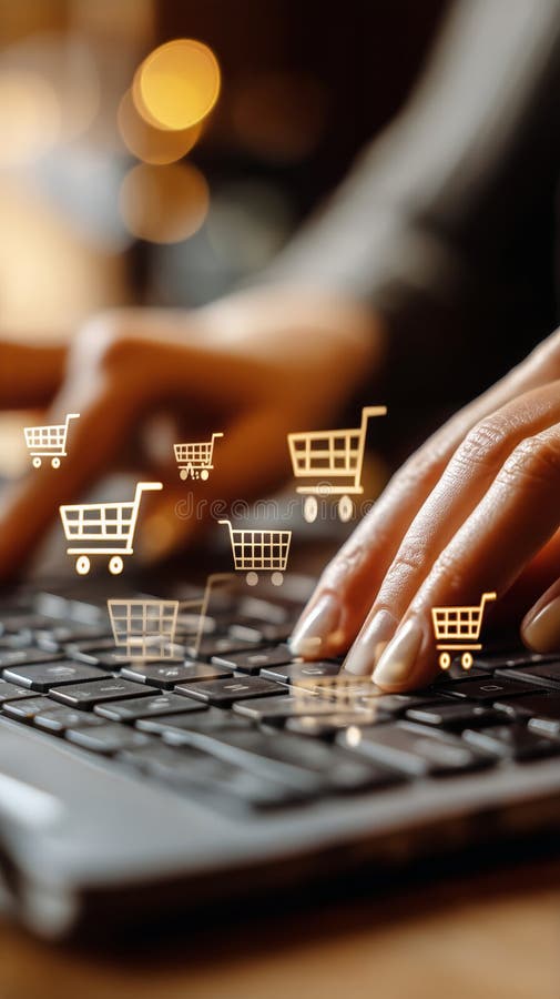Hands Typing on Keyboard With Shopping Carts Overlay Suggesting Online Shopping Activity royalty free stock photo