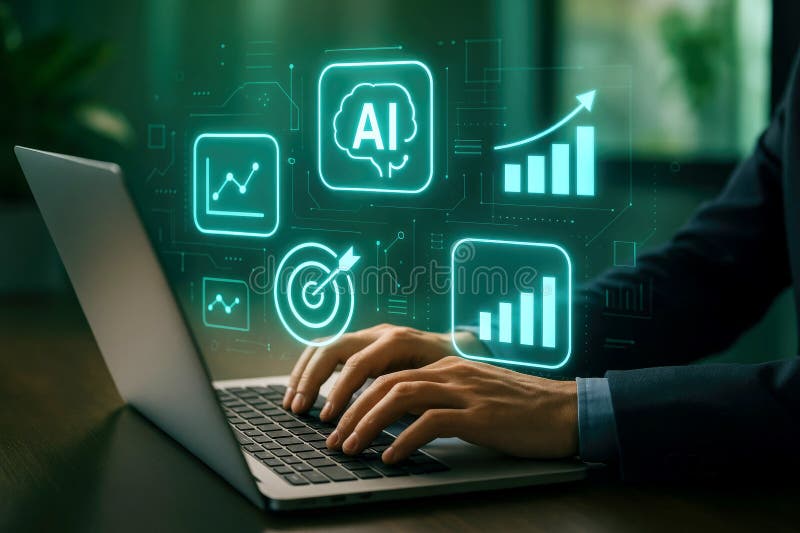 Hands typing on laptop with AI and business analytics interface artificial intelligence technology royalty free illustration