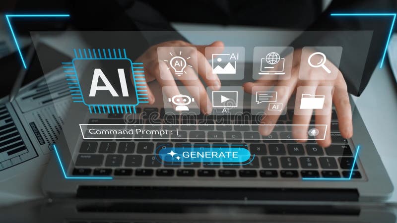 Hands typing on laptop with AI icons and digital interface showcasing technology innovation, data analysis, and vector illustration