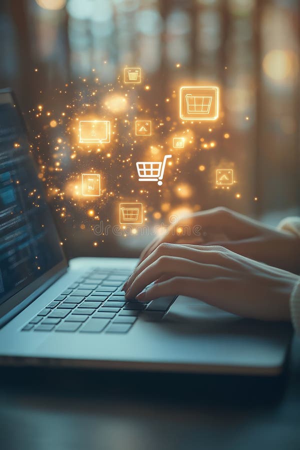 Hands typing on laptop with colorful shopping icons for online shopping experience royalty free stock photo