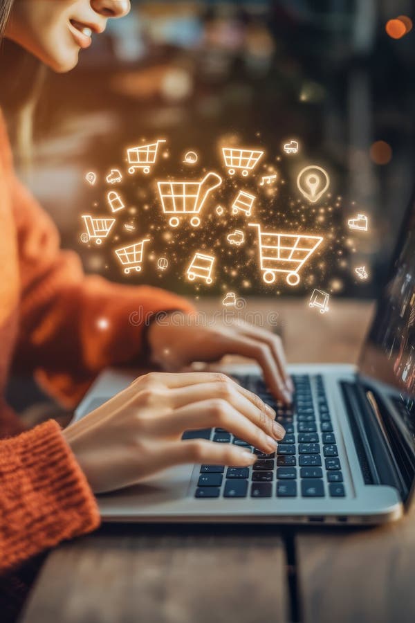 Hands typing on laptop with colorful shopping icons for online shopping experience stock images