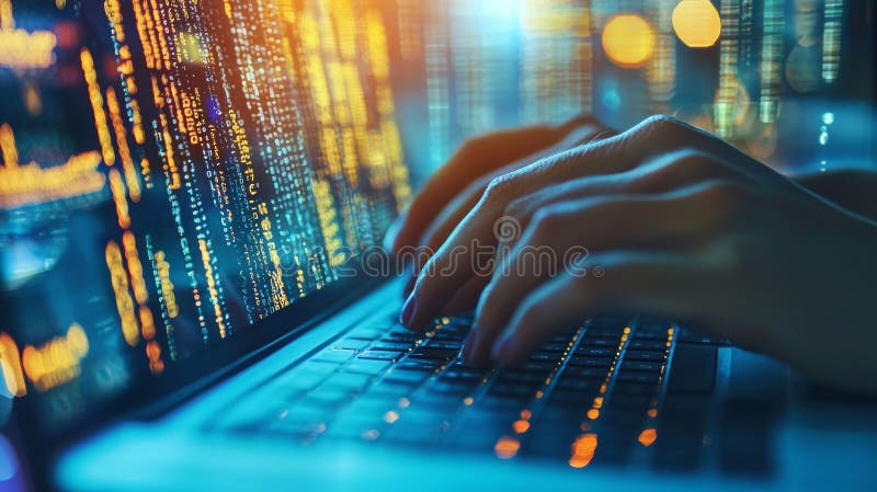 Hands typing on a laptop with digital code overlay royalty free stock photo