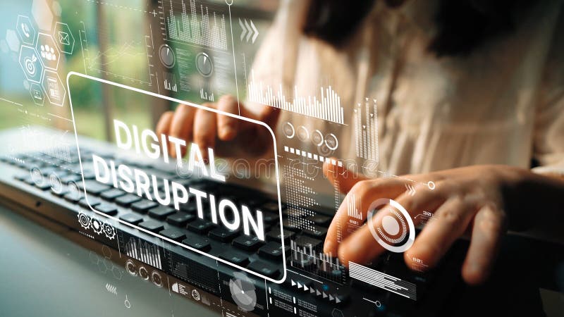Hands Typing on Laptop with Digital Disruption Concept and Graphic Elements in Modern Workspace Environment. Asymptotic royalty free stock photography