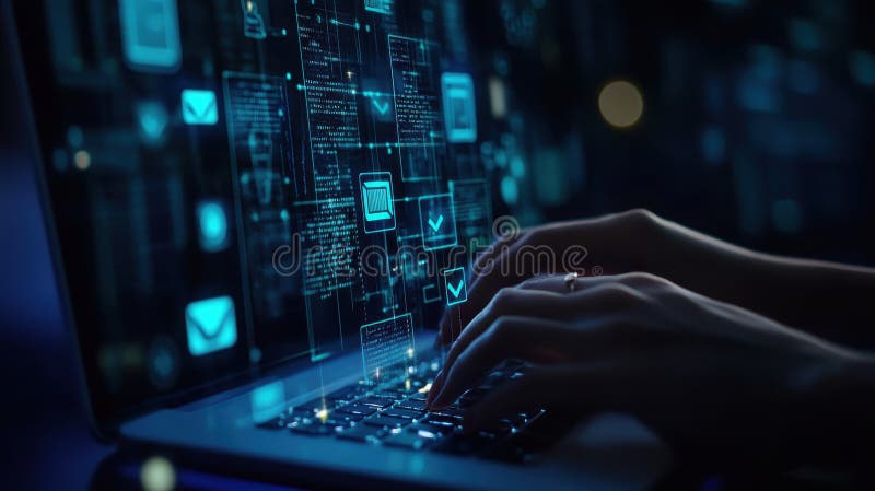 Hands Typing on Laptop with Digital Document Icons and Check Mark Overlay on Futuristic Background vector illustration