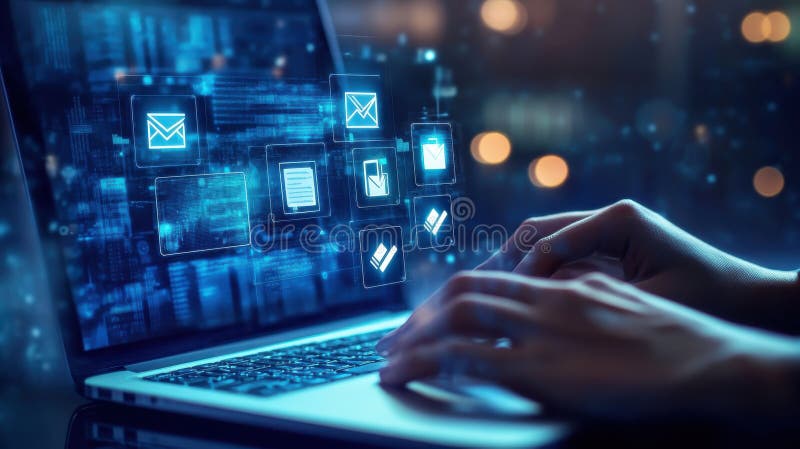 Hands Typing on Laptop with Digital Document Icons and Check Mark Overlay on Futuristic Background royalty free illustration