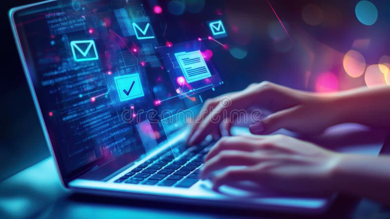 Hands Typing on Laptop with Digital Document Icons and Check Mark Overlay on Futuristic Background stock illustration