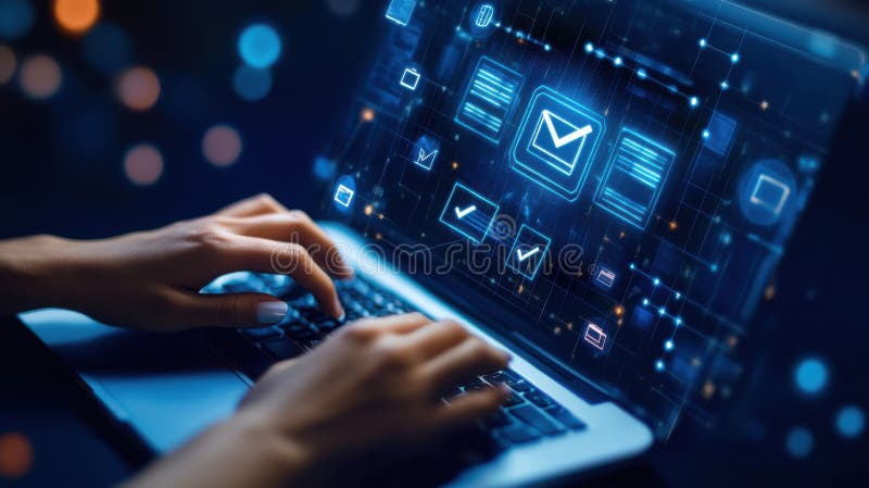 Hands Typing on Laptop with Digital Document Icons and Check Mark Overlay on Futuristic Background. royalty free illustration