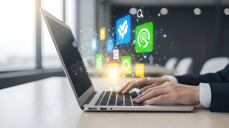 Hands Typing on Laptop with Digital Icons Floating Above vector illustration