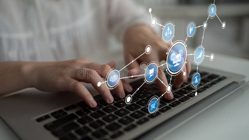 Hands Typing on Laptop with Digital Technology Icons Representing Cloud Computing, Data Analysis, and Modern stock illustration