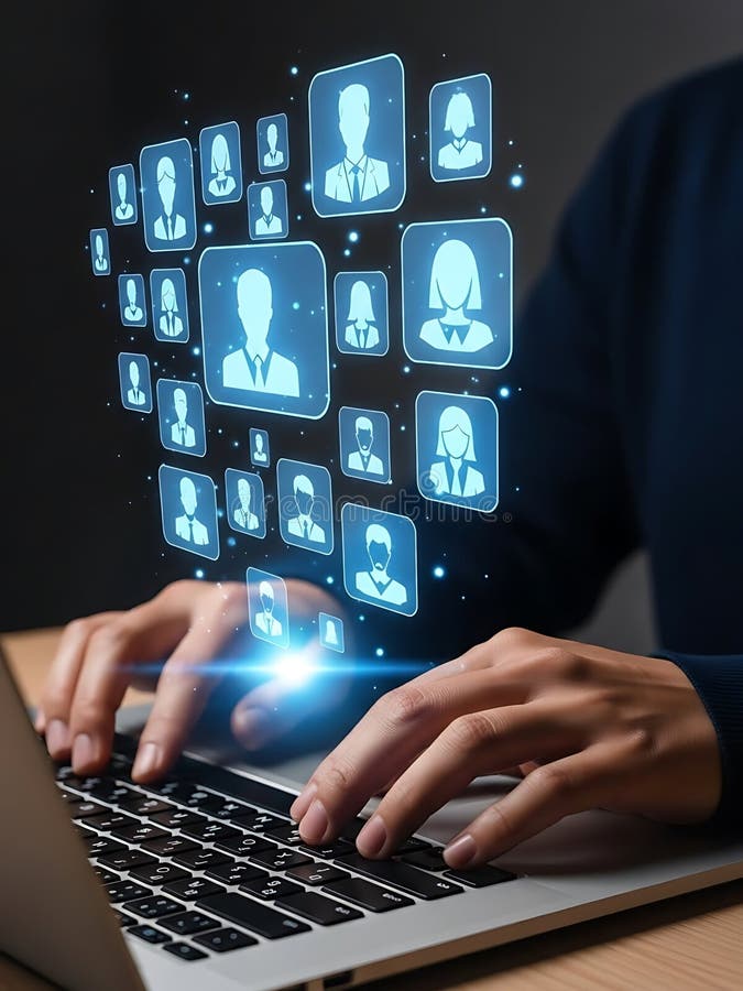 Hands typing on a laptop keyboard with digital holograms of profiles hovering above. The holograms display various silhouetted user icons, suggesting digital networking or social media connections. The scene is set in a dimly lit environment, highlighting the glowing blue interface and emphasizing the concept of technology and global communication. The laptop's metallic finish contrasts with the blue digital imagery, illustrating a modern and interactive approach to professional networking. Networking profiles stock images, royalty-free photos and pictures