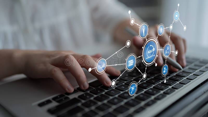Hands typing on laptop keyboard with digital icons and connection graphics representing technology, data, and vector illustration