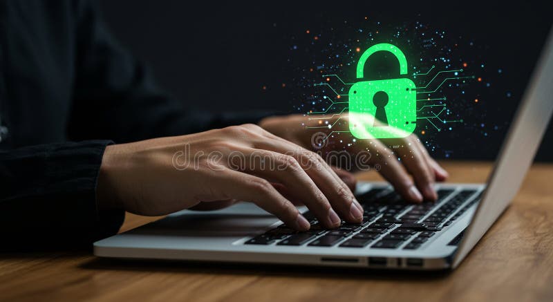 Hands typing on a laptop keyboard with a digital image of a green padlock vector illustration