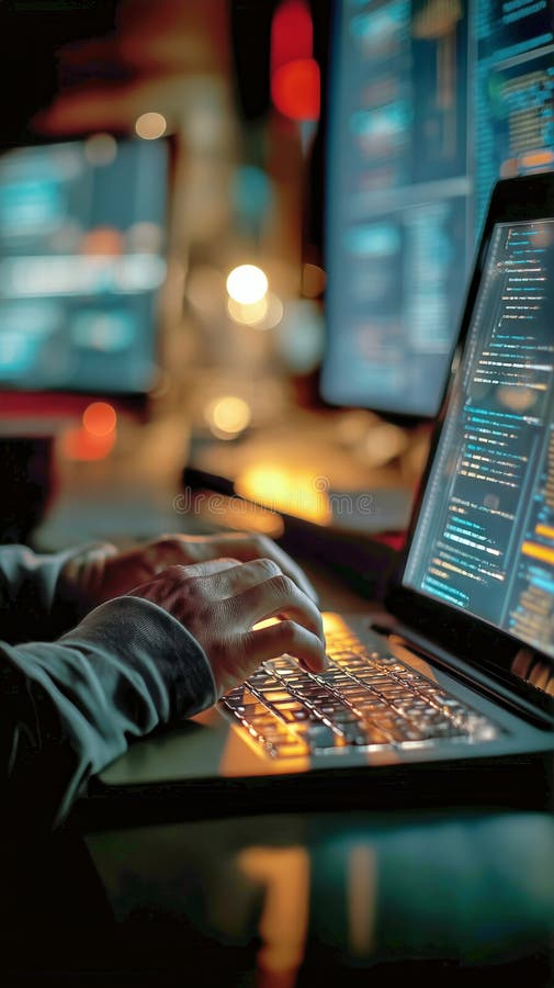 Hands Typing on Laptop Keyboard in a Dimly Lit Room With Multiple Screens Displaying Code stock photography