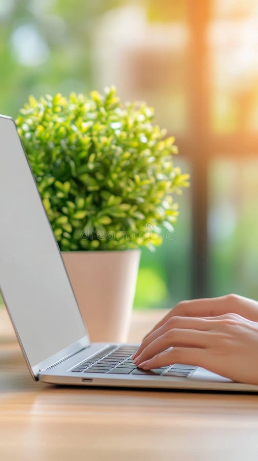 Working on a laptop at a bright indoor workspace with a plant in the background stock image