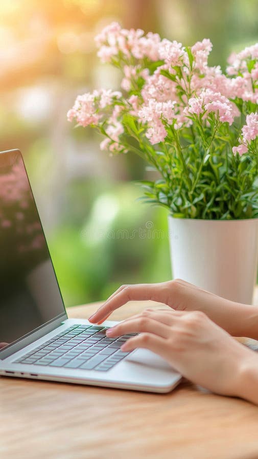 Working on a laptop at a bright indoor workspace with a plant in the background stock image