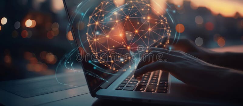 Hands Typing on Laptop at Night stock photo