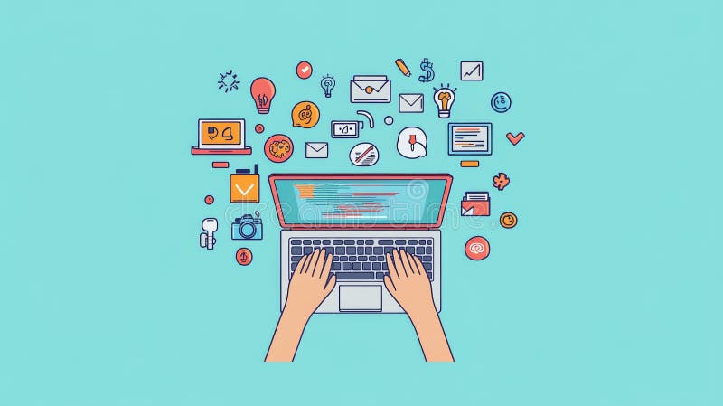 Hands typing on a laptop with vibrant colorful icons and tools floating above. Concept of coding, software engineering royalty free illustration