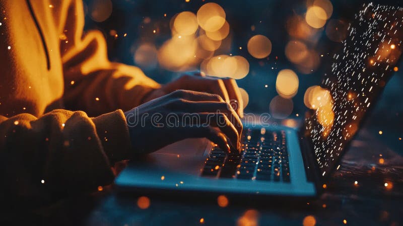 Hands typing on laptop with warm bokeh lighting royalty free stock photos