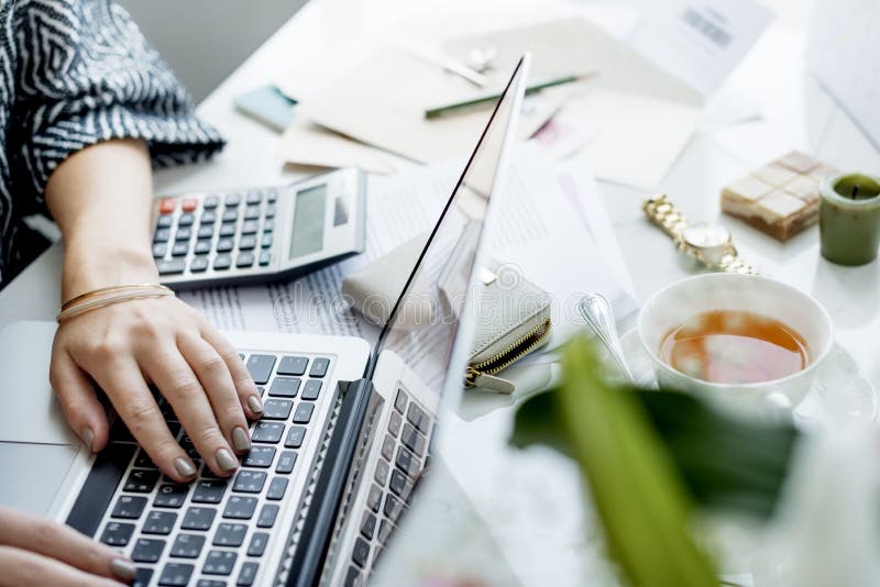 Hands Typing Notebook Home Concept stock photos