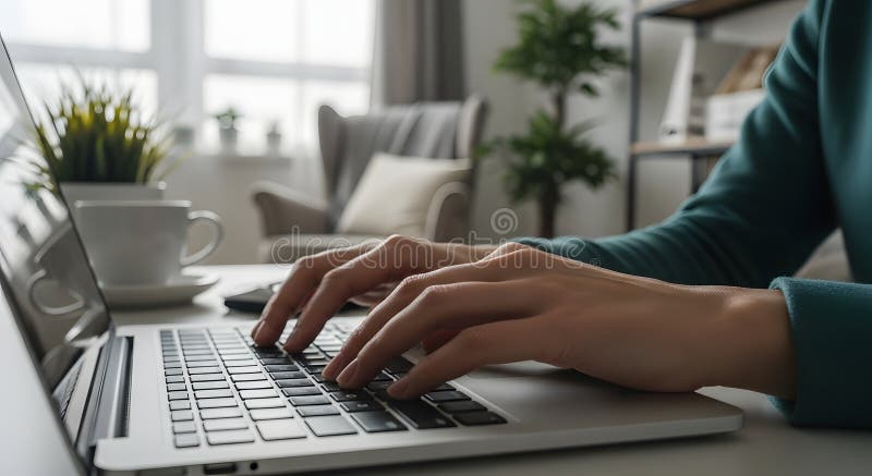 Hands Typing on a Silver Laptop Keyboard in a Bright Room Setting stock photos