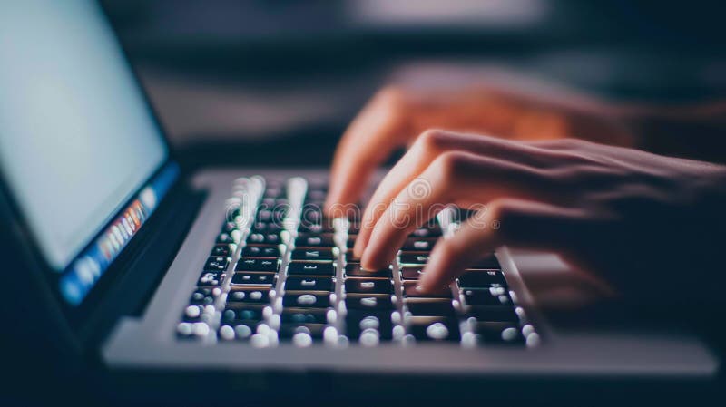 Hands typing on a sleek laptop keyboard, representing online business and e-commerce royalty free stock photos