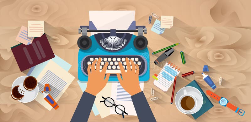 Hands Typing Text Writer Author Blog Typewrite Wooden Texture Desk Top Angle View Flat Vector Illustration