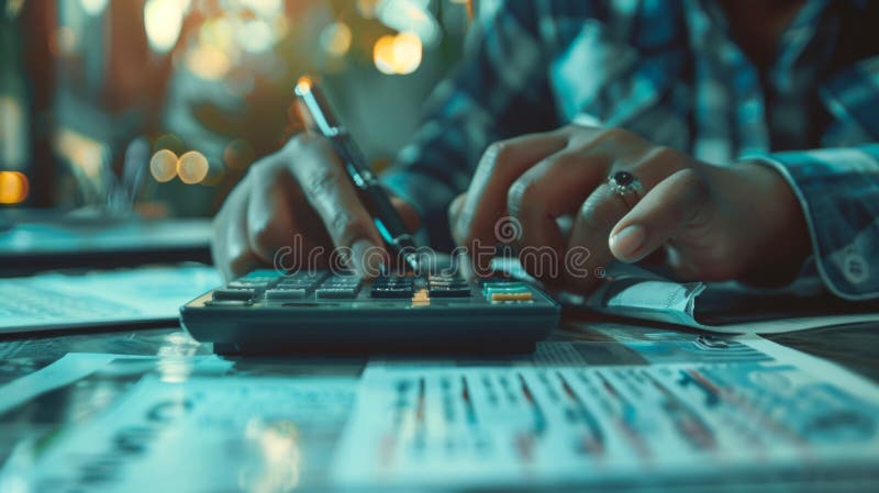 Hands using calculator for financial calculations royalty free stock photography