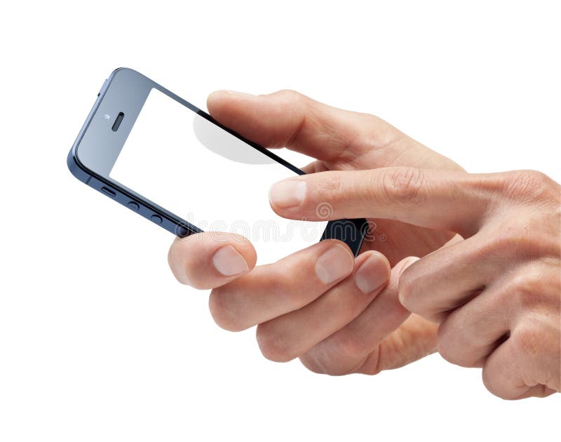 Un mans mano con l'utilizzo di un touch screen telefono cellulare con uno schermo vuoto isolato su bianco.