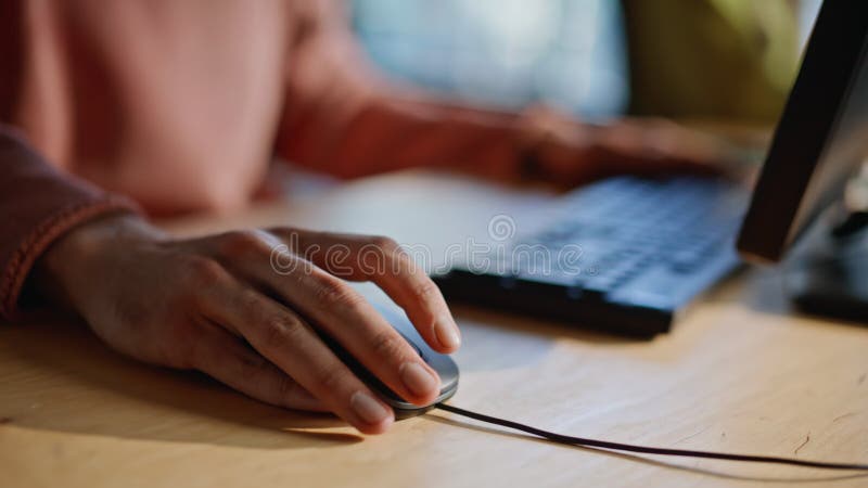 Hands using computer mouse typing keyboard office closeup. Businessman working stock video footage